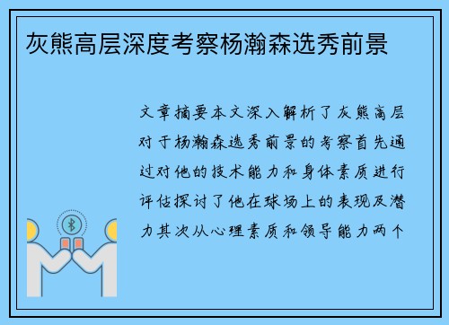 灰熊高层深度考察杨瀚森选秀前景