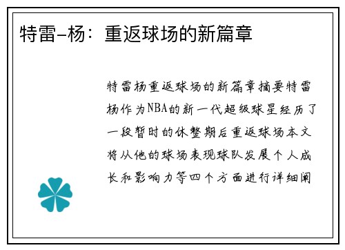 特雷-杨：重返球场的新篇章